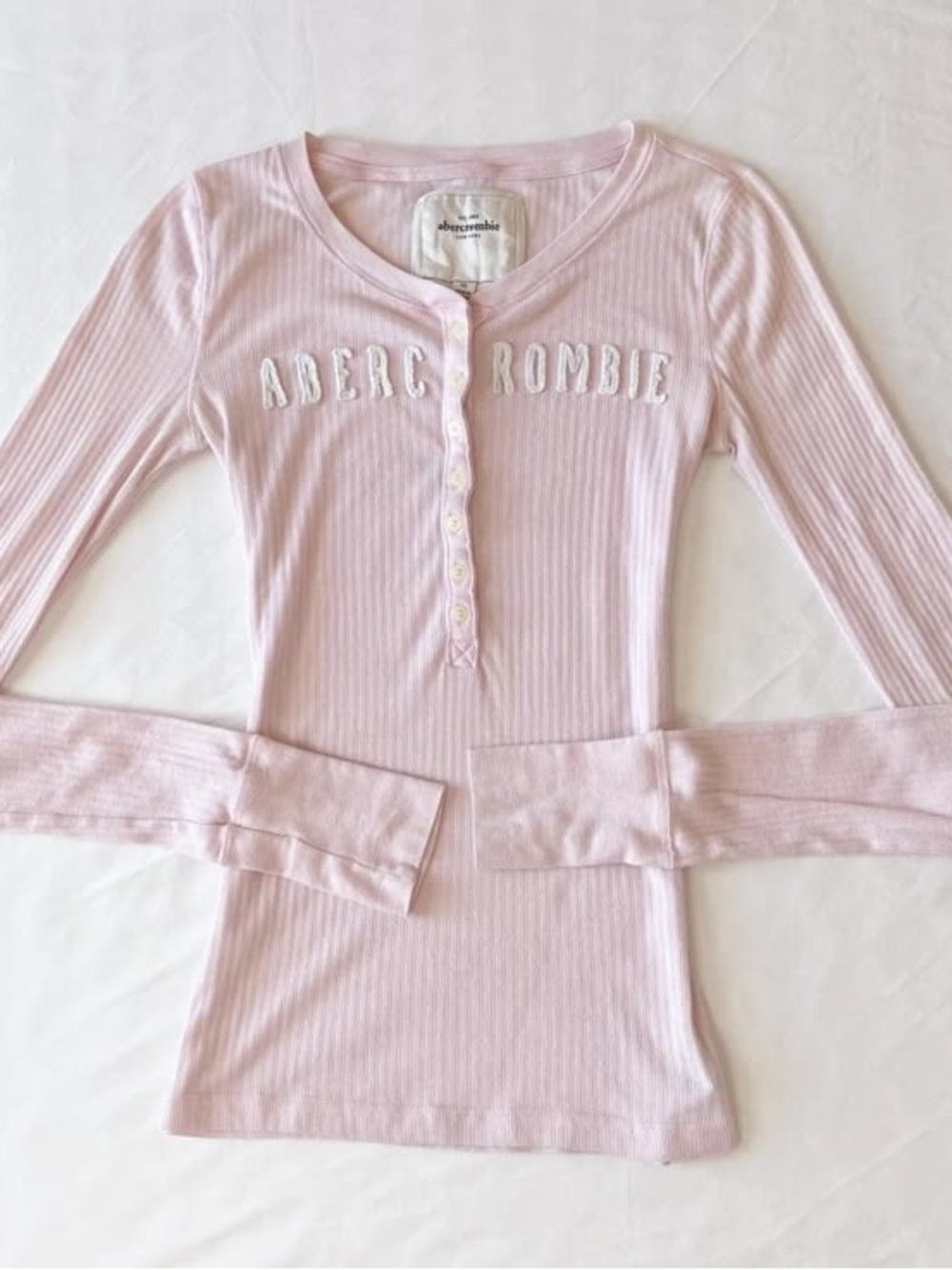Abercrombie & Fitch Light Pink Ribbed Long-Sleeve Henley Top